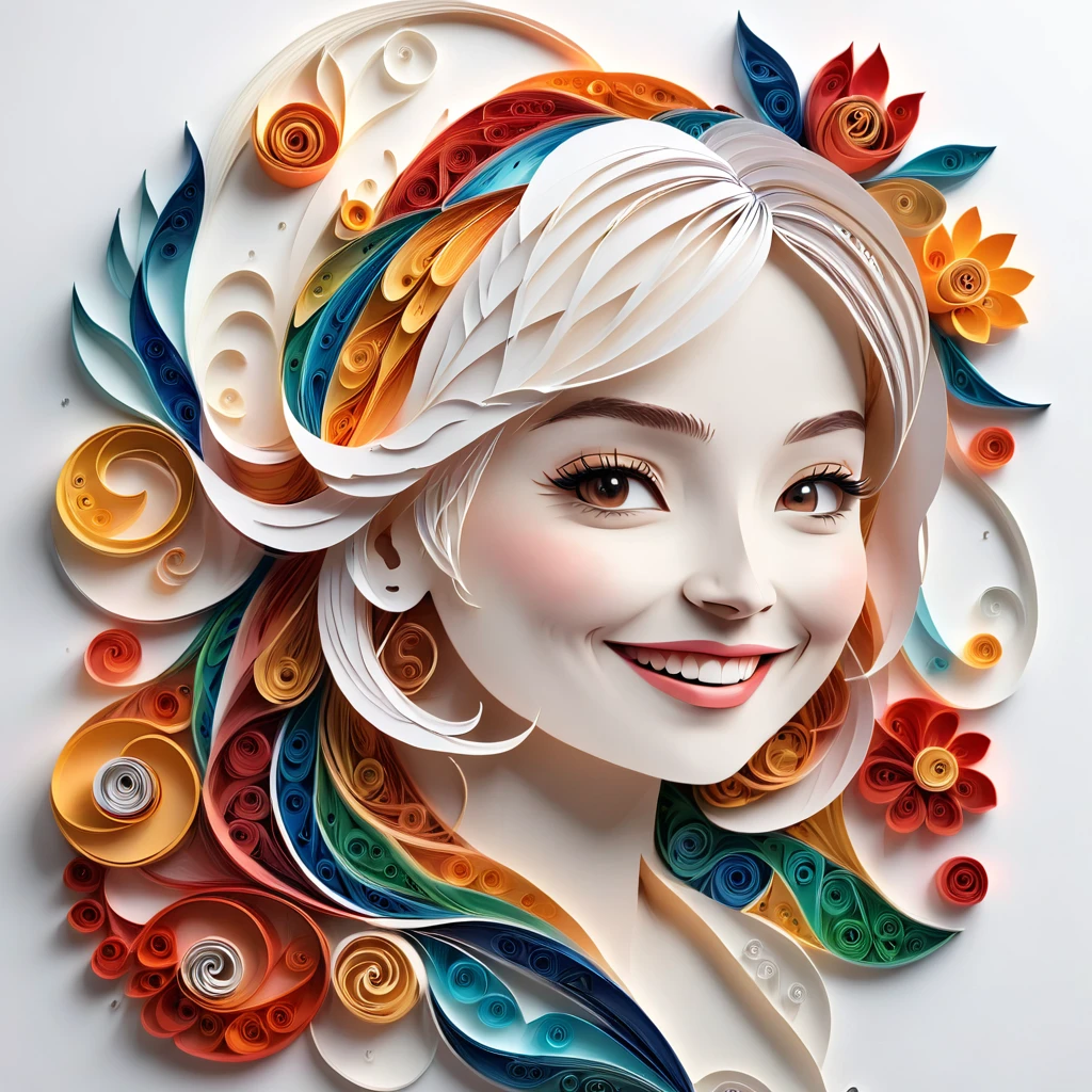 Paper Art,(Flat paper cut,Paper Art,layered Paper Art,Paper Quilling, The art of math),Pure white background, Smiling woman,(high definition, artwork, Better Quality, Ultra-high resolution)