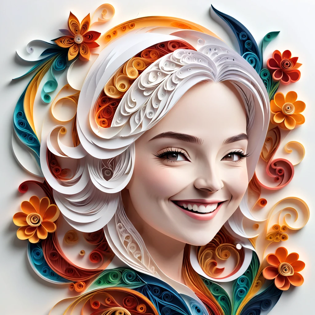 Paper Art,(Flat paper cut,Paper Art,layered Paper Art,Paper Quilling, The art of math),Pure white background, Smiling woman,(high definition, artwork, Better Quality, Ultra-high resolution)