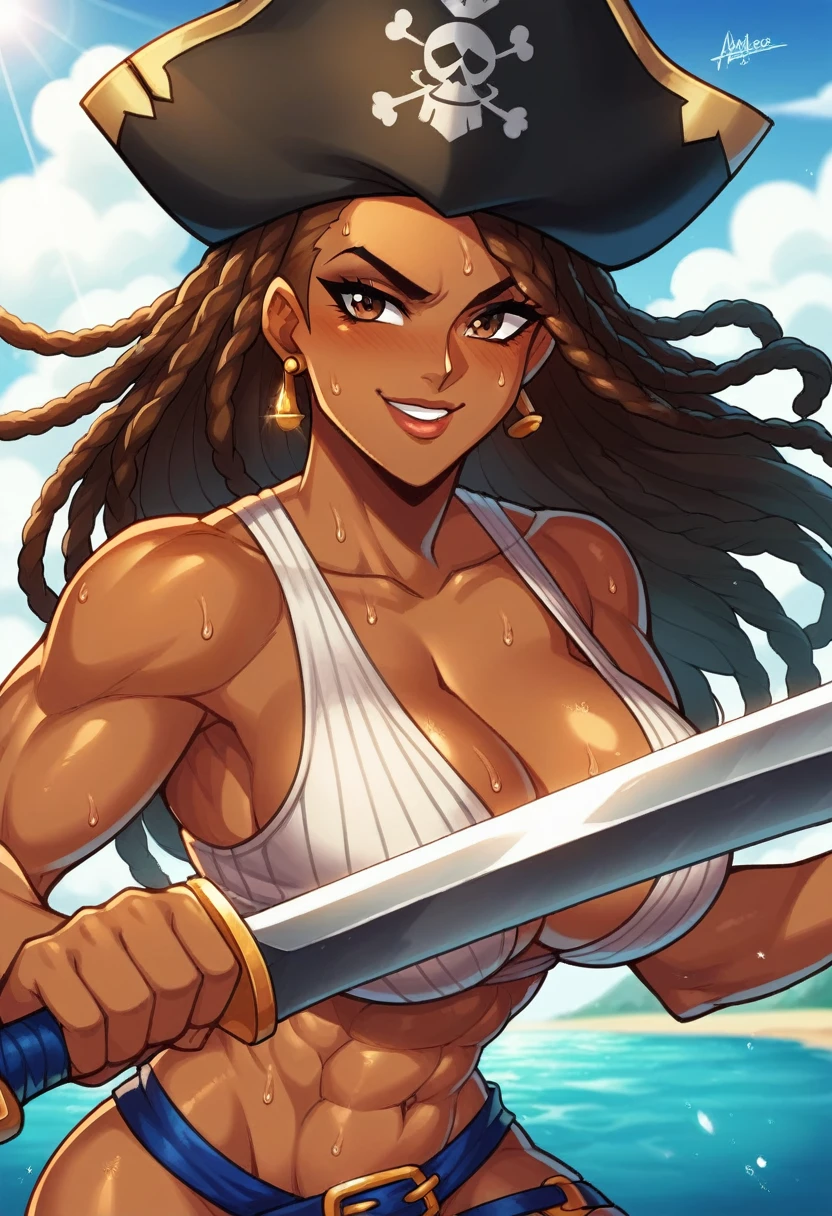 (masterpiece), best quality, expressive eyes, perfect face, perfect eyes, perfect hair, perfect body, perfect hands, perfect fingers, high detail, best detail, pirate, cavalier pirate hat, pirate leathers, holding sword, rapier, cocky smile, confident, dominant, powerful, pirate raid, raiding ship, fighting, background chaos, dark skin, beautiful brown skin, beautiful dreadlocks, Adult Female, sweat, toned body, alone, brown hair, brown eyes, 