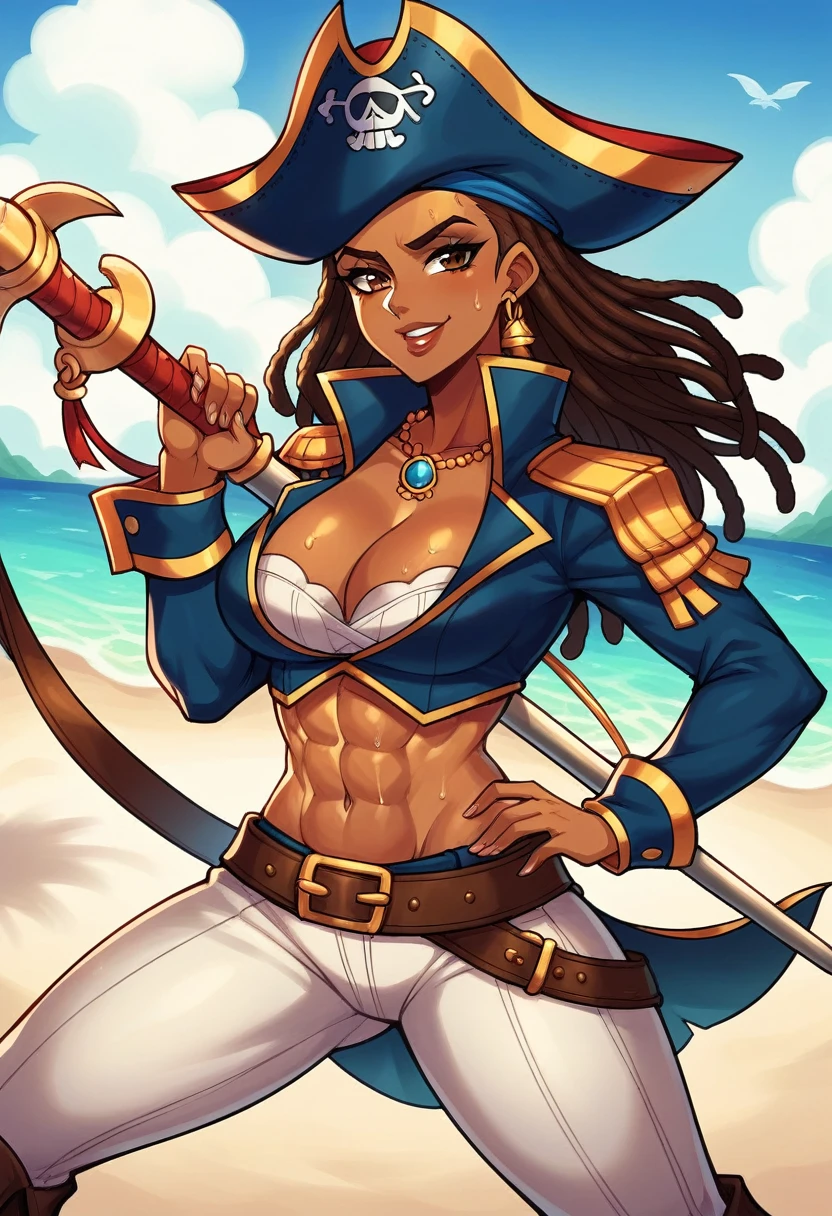 (masterpiece), best quality, expressive eyes, perfect face, perfect eyes, perfect hair, perfect body, perfect hands, perfect fingers, high detail, best detail, pirate, cavalier pirate hat, pirate leathers, holding sword, rapier, cocky smile, confident, dominant, powerful, pirate raid, raiding ship, fighting, background chaos, dark skin, beautiful brown skin, beautiful dreadlocks, Adult Female, sweat, toned body, alone, brown hair, brown eyes,