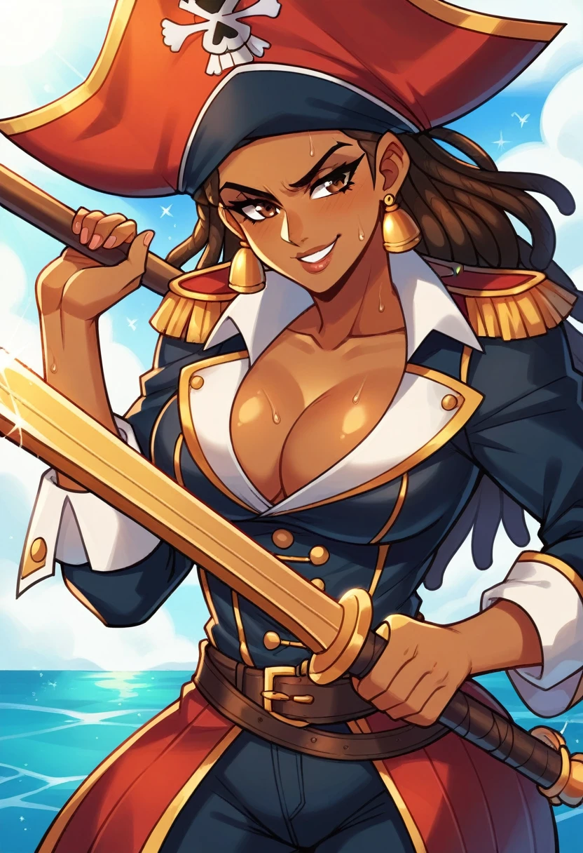 (masterpiece), best quality, expressive eyes, perfect face, perfect eyes, perfect hair, perfect body, perfect hands, perfect fingers, high detail, best detail, pirate, cavalier pirate hat, pirate leathers, holding sword, rapier, cocky smile, confident, dominant, powerful, pirate raid, raiding ship, fighting, background chaos, dark skin, beautiful brown skin, beautiful dreadlocks, Adult Female, sweat, toned body, alone, brown hair, brown eyes,