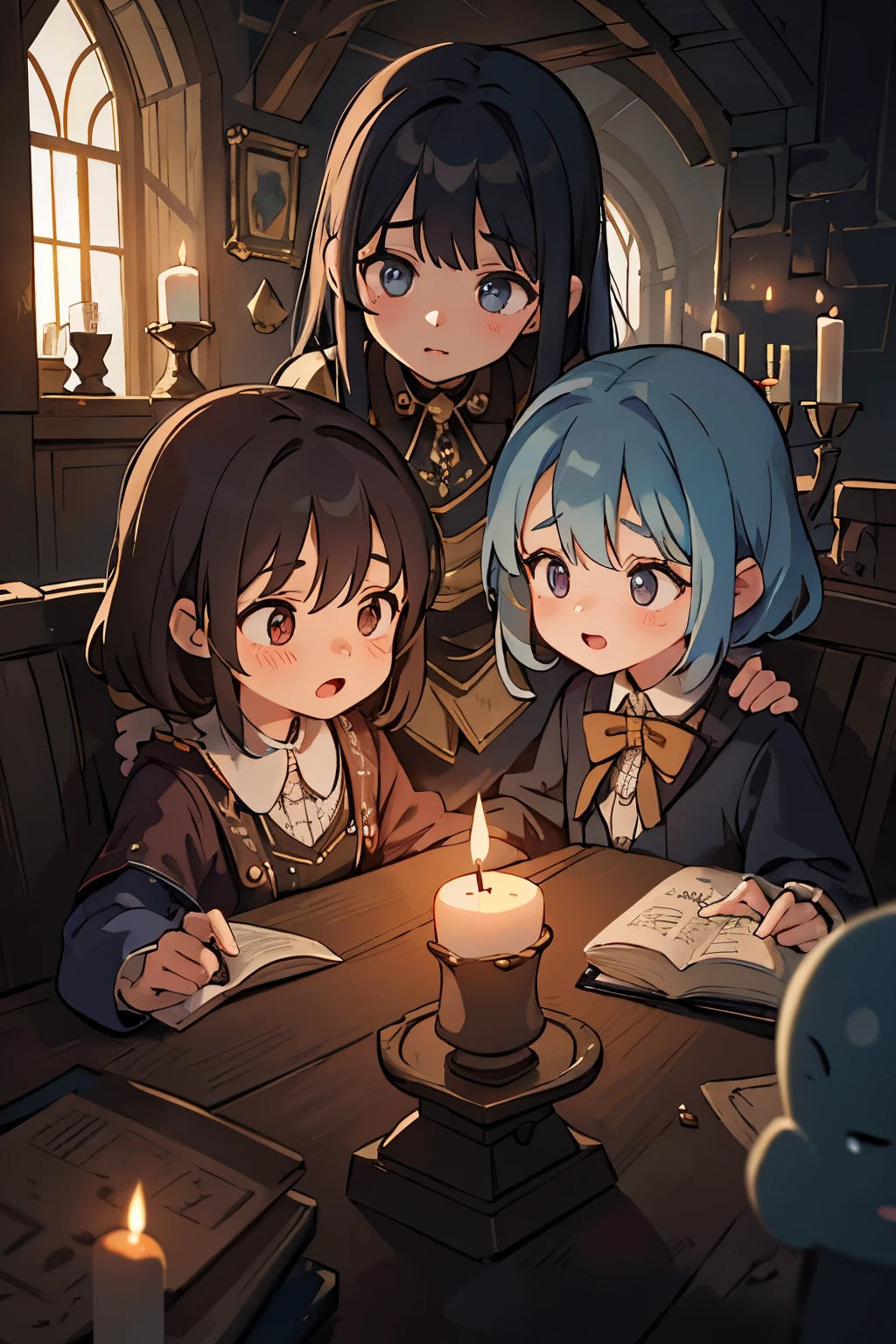a detailed fantasy scene of three young girls exploring an ancient, mysterious house, extremely detailed eyes and faces, beautiful detailed lips, longeyelashes, highly realistic, photorealistic, 8k, masterpiece, studio lighting, vivid colors, dramatic lighting, ornate architecture, dusty textures, cobweb-covered walls, mysterious atmosphere, sense of discovery, warm light from candles, glowing magical artifacts, capture the essence of this magical and mysterious encounter. Your drawing will be fundamental for the creation of a unique publication, which combines the gothic atmosphere and the charm of the supernatural. Remember to add evocative details, such as candle flames dancing in the dark, shadows moving ominously along the rock walls, . Highlight the aura of mystery and emotion that this forbidden encounter evokes.