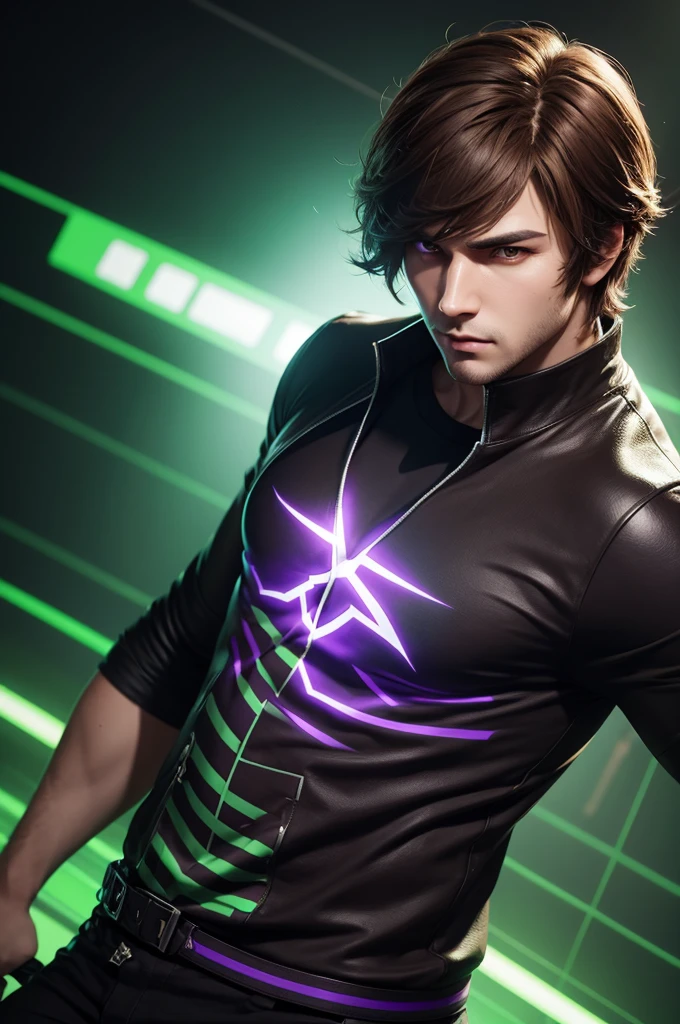 Free fire game style male character,brown hair ,eyes with purple rays,black shirt with green stripes