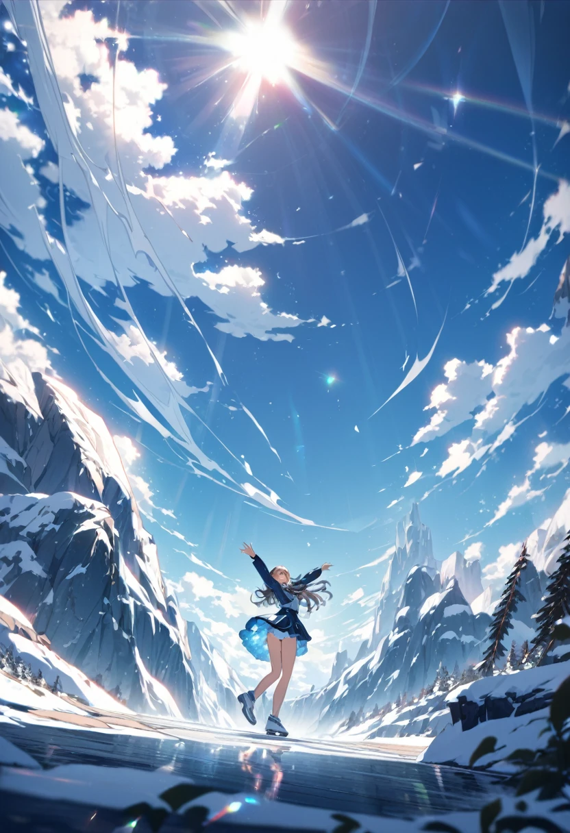 (High contrast), (A modern-style illustration of A glamorous girl with silver ponytail in a blue leotard is ice skating on an ice rink, lifting one leg behind her back and holding it above her head with both hands, shot from a distance: 1.8), anime style, blur: 1.8, Full body shot, (Beautiful illustration:1.3), (Highly detailed CG unity 8k portrait: 1.3), (High Quality), (Breathtaking Scenery: 1.3), Ray Tracing