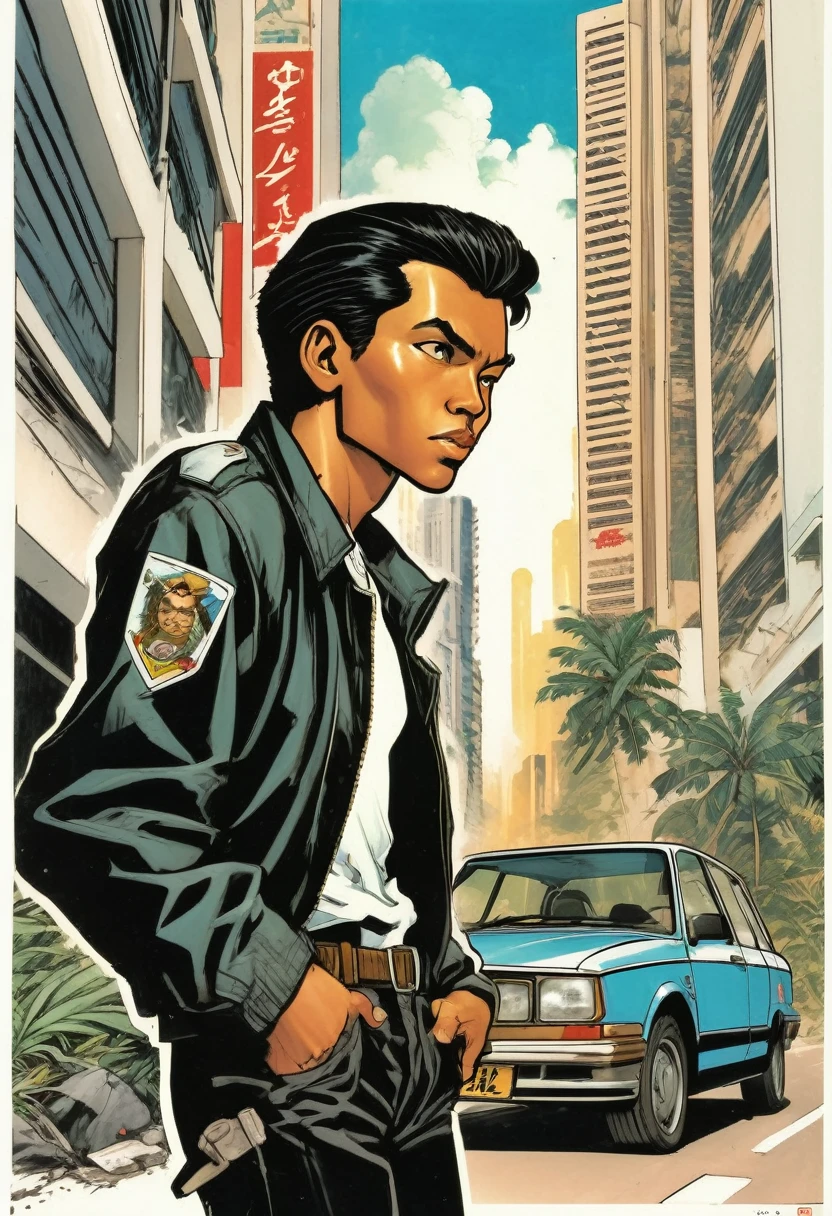 a comic book cover, 1990's comic illustration style. Titled written "DETEKTIF AZMAN" a Malay man, wearing black bomber jacket. black pants. white shirts. wearing police batch lanyard. background of tropical forest and a mountain. Leaning on a blue sedan, brand Proton Saga. background of Kuala Lumpur city street.