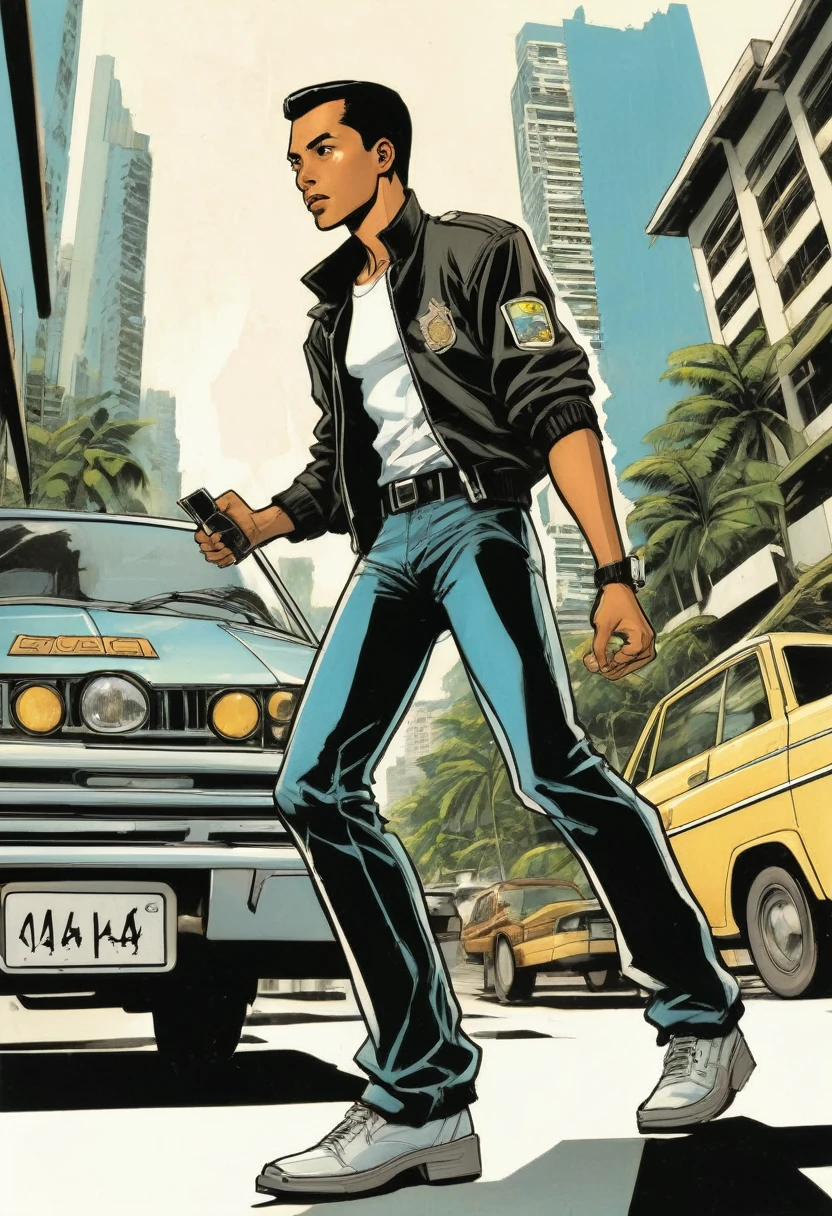 a comic book cover, 1990's comic illustration style. Titled written "DETEKTIF AZMAN" a Malay man, wearing black bomber jacket. black pants. white shirts. wearing police batch lanyard. background of tropical forest and a mountain. Leaning on a blue sedan, brand Proton Saga. background of Kuala Lumpur city street.