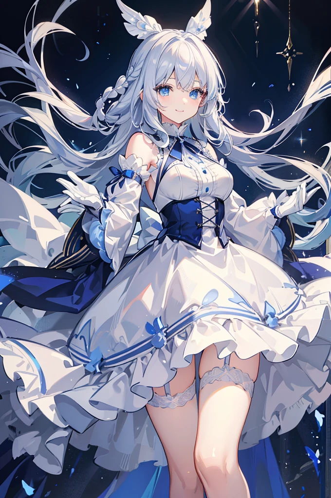 A woman with white hair and blue eyes、adult、Hand to hand、Long, fluffy wavy hair、Braiding、Wearing hair ornaments、Smiling、Princess、White gloves、blue and white lace dress、ribbon、The dress is short in the front and long in the back、Garter Ring、Fantasy