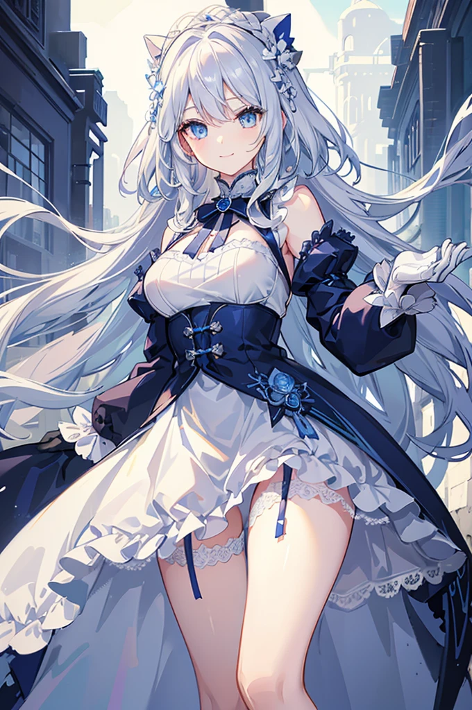 A woman with white hair and blue eyes、adult、Hand to hand、Long, fluffy wavy hair、Braiding、Wearing hair ornaments、Smiling、Princess、White gloves、blue and white lace dress、ribbon、The dress is short in the front and long in the back、Garter Ring、Fantasy