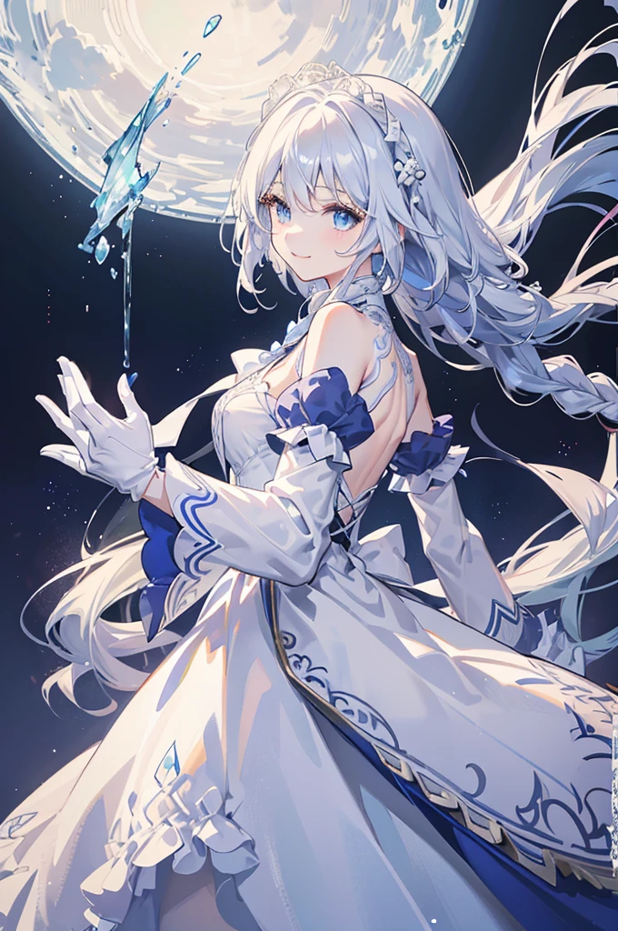 A woman with white hair and blue eyes、adult、Hand to hand、Long, fluffy wavy hair、Braiding、Wearing hair ornaments、Smiling、Princess、White gloves、blue and white lace dress、ribbon、The dress is short in the front and long in the back、Garter Ring、Fantasy