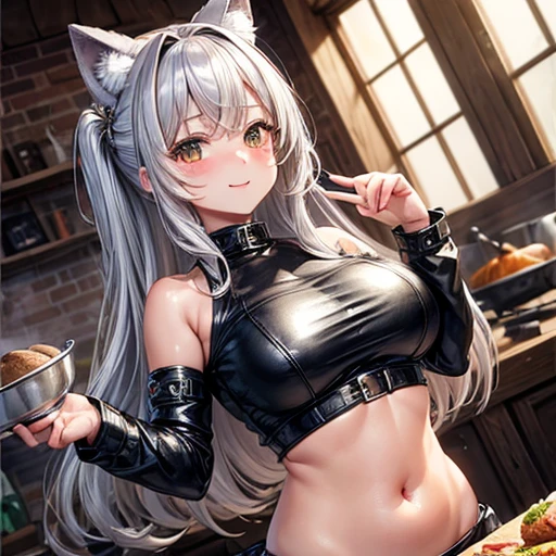 (((masterpiece))), Highest quality, Very detailed, blush, Cute and playful, Huge, leather jacket, Silver Hair, Fluffy Hairstyles, Elastic breasts, Heartwarming Eyes, Sweet expression, belly button, Dynamic and cute pose.Cooking crocodile dishes Wolf Ears desert