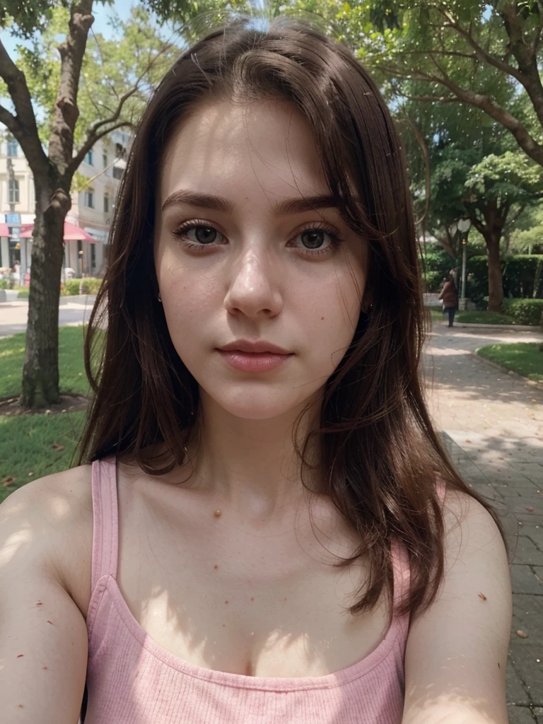 Selfie, Ultrarealistic, pretty face, pale skin, dark brown hair, wearing a pink top, (selfy with front camera), upper body, at park