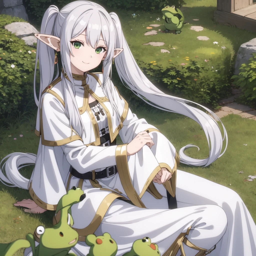 1girl, (masterpiece:1.3), (high resolution), (8K), (extremely detailed), (4k), (pixiv), perfect face, nice eyes and face, (best quality), (super detailed), detailed face and eyes, (solo), textured skin, absurdres, highres, a frog over her headwz_sousou_no_frieren_style, wz_sousou_no_frieren_style, twintails, very long hair, silver hair, pointy ears, elf, white capelet, green eyes, black pantyhose, earrings, white skirt, belt, white sleeves, light, face picture pov, smile, light rays, sunlight