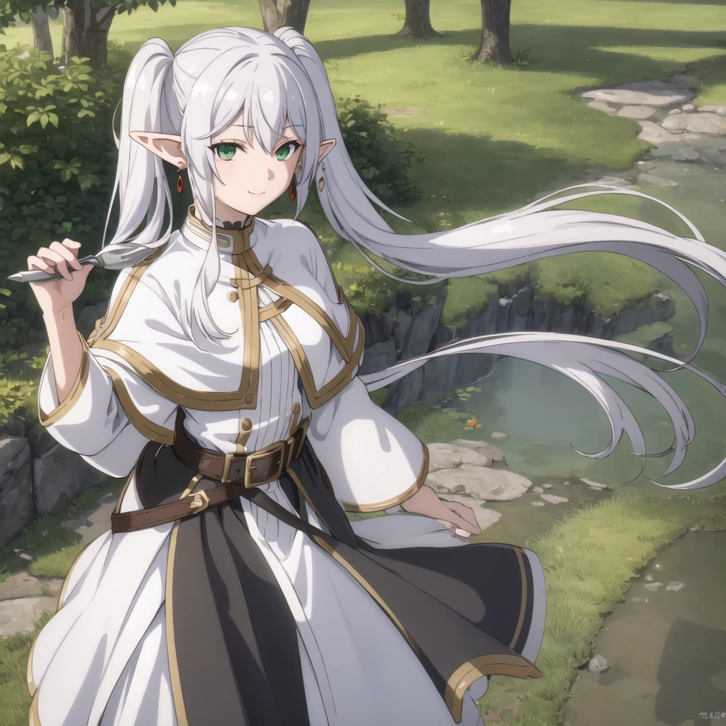1girl, (masterpiece:1.3), (high resolution), (8K), (extremely detailed), (4k), (pixiv), perfect face, nice eyes and face, (best quality), (super detailed), detailed face and eyes, (solo), textured skin, absurdres, highres, a frog over her headwz_sousou_no_frieren_style, wz_sousou_no_frieren_style, twintails, very long hair, silver hair, pointy ears, elf, white capelet, green eyes, black pantyhose, earrings, white skirt, belt, white sleeves, light, face picture pov, smile, light rays, sunlight