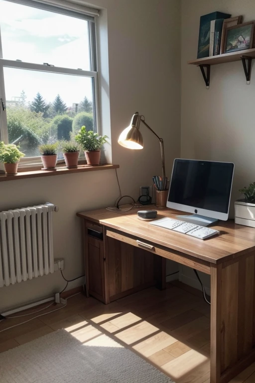 Create an image of a cozy office with a wooden desk, a comfortable chair, a desk lamp, and a window overlooking a garden. The environment should be well-lit and organized.