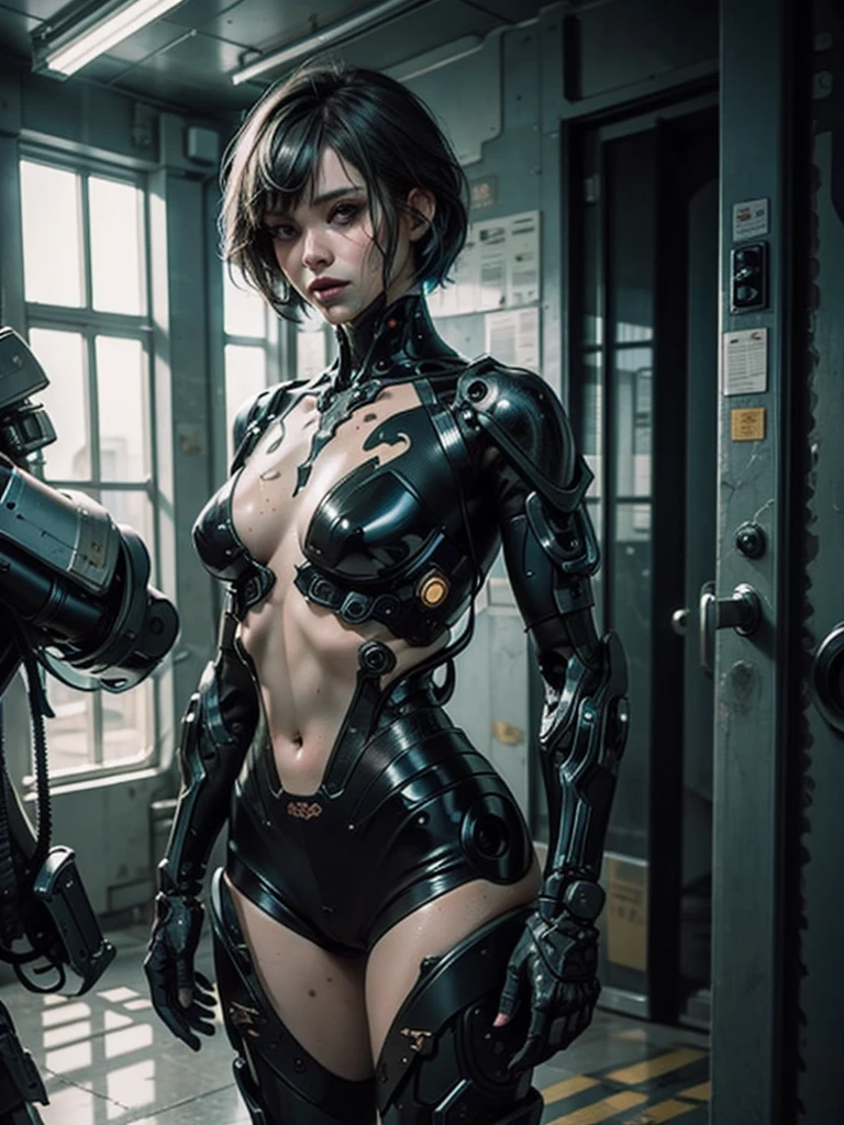 (Details: 1.4), (Details: 1.4), 。.3D, cowboy lens, Beautiful cyberpunk woman, hdr (HighDynamicRange), Ray tracing, NVIDIA RTX, Super resolution, Unreal 5, Subsurface scattering, PBR textures, Post-processing, Anisotropic filtering, Depth of field, Maximum Sharpness and Clarity, Multi-layer textures, Albedo e mapas Speculares, Surface Coloring, Accurate simulation of light material interactions, Perfect proportions, rendering by octane, Bicolor light, largeaperture, Low ISO, White balance, Rule of thirds, 8K raw data, Gray hair, Glossy hair, Delicate hair, Short hair, bob hair, side locks, Asymmetrical bangs, Beautiful detailed glass hair, Sweat-soaked skin, Flowing sweat, The skin is wet and shiny, (((Glossy glossy skin)), ((strong gloss of clothes)), mechanical cybersuit, (Action scenes), sexy posture, tattoos on bare skin, Perfect anime robot woman, robots in organic mix, best 4K wallpapers, Detailed digital art, bishōjo cyborg, Biomechanicals, Digital cyberpunk art,
