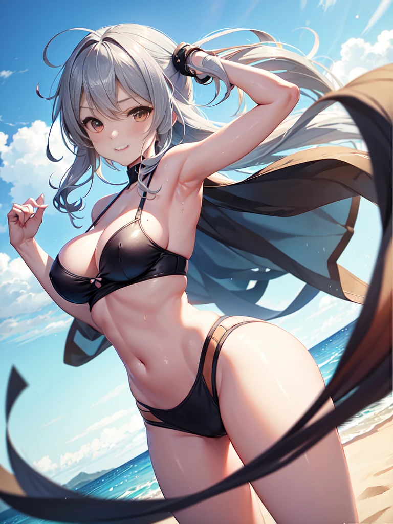 heroine winning a battle in combat, manga style woman, perfect manga, highly detailed, DRONE: full body view from head to toe, perfect body with medium sized rounded firm breasts, similar to Lucy heartphilia, super beautiful woman with practically symmetrical face , manga eyes: 3/4 size, eyes the color of her hair, she is , her clothes are extremely short, tube top extremely short and torn and frayed, medium sized hair, wet silver hair with green tips, pose of victory and happiness, leap of joy, random drone angle.