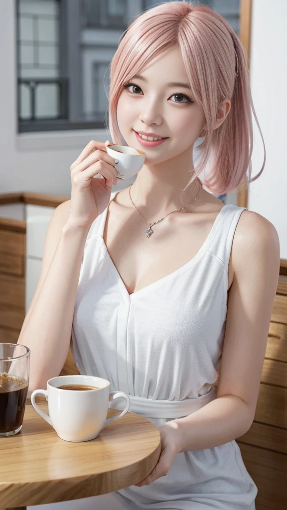 A woman with pink hair and a white dress, Anime realism style, Unreal 5. RPG Portrait, cgsociety portrait, Realistic art style, Smooth anime CG art, Photorealistic Anime Girl Rendering, Realistic anime 3D style, Loss Draw 1. 0, Realistic 3D animation, ArtJam ; 3d unreal engine, Realistic anime art style,The background is inside a coffee shop.,The best smile、Side Ponytail、drinking coffee in a teacup