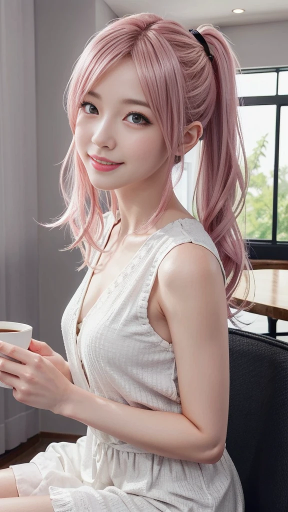 A woman with pink hair and a white dress, Anime realism style, Unreal 5. RPG Portrait, cgsociety portrait, Realistic art style, Smooth anime CG art, Photorealistic Anime Girl Rendering, Realistic anime 3D style, Loss Draw 1. 0, Realistic 3D animation, ArtJam ; 3d unreal engine, Realistic anime art style,The background is inside a coffee shop.,The best smile、Side Ponytail、drinking coffee in a teacup