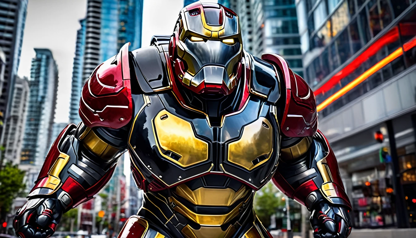Hulkbuster-like suit ready for battle, Downtown Vancouver, high-quality artwork, realistic style, vibrant colors, detailed metal armor, intense lighting, cityscape background, heroic pose, dramatic shadows, black suit with red stripe highlights, repulser cannons on shoulders, dynamic motion, slams fist into the ground,, hockey goalie faceplate, hockey goalie visor, grey visor covering face, epic superhero, multiple suits