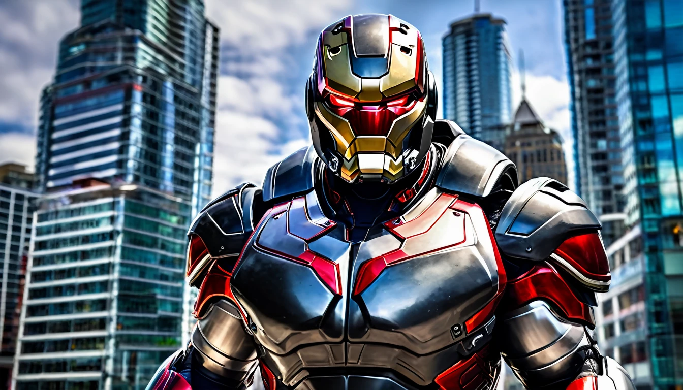 Hulkbuster-like suit ready for battle, Downtown Vancouver, high-quality artwork, realistic style, vibrant colors, detailed metal armor, intense lighting, cityscape background, heroic pose, dramatic shadows, black suit with red stripe highlights, repulser cannons on shoulders, dynamic motion, slams fist into the ground,, hockey goalie faceplate, hockey goalie visor, grey visor covering face, epic superhero, multiple suits