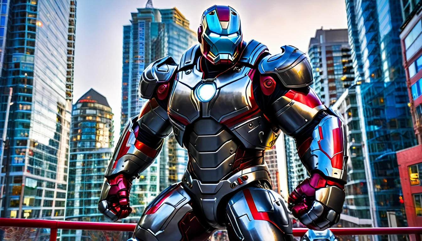 Hulkbuster-like suit ready for battle, Downtown Vancouver, high-quality artwork, realistic style, vibrant colors, detailed metal armor, intense lighting, cityscape background, heroic pose, dramatic shadows, black suit with red stripe highlights, repulser cannons on shoulders, dynamic motion, slams fist into the ground,, hockey goalie faceplate, hockey goalie visor, grey visor covering face, epic superhero, multiple suits