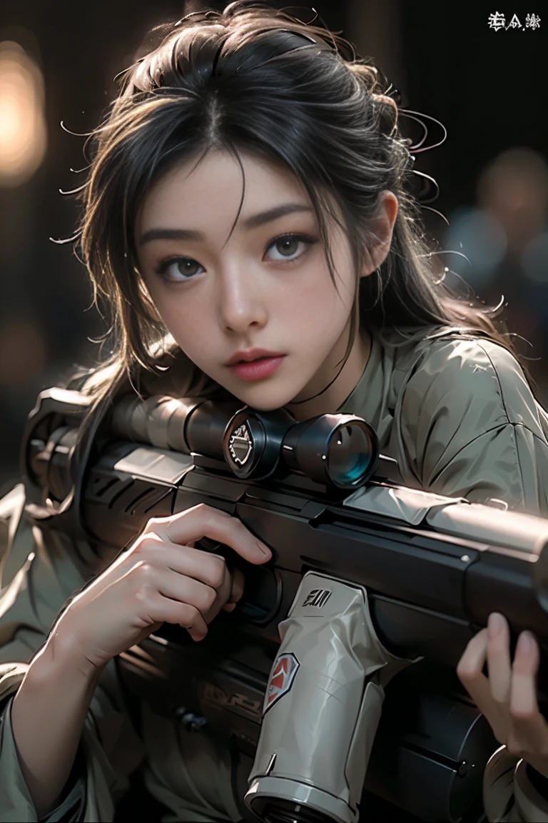 masterpiece, highest quality, Highest image quality, High resolution, photo realistic, Raw photo,( sniper shooting sniper rifle, sniper rifle in shooting, face close to sniper rifle, concentration in shooting, bullets in air, fire track in air)