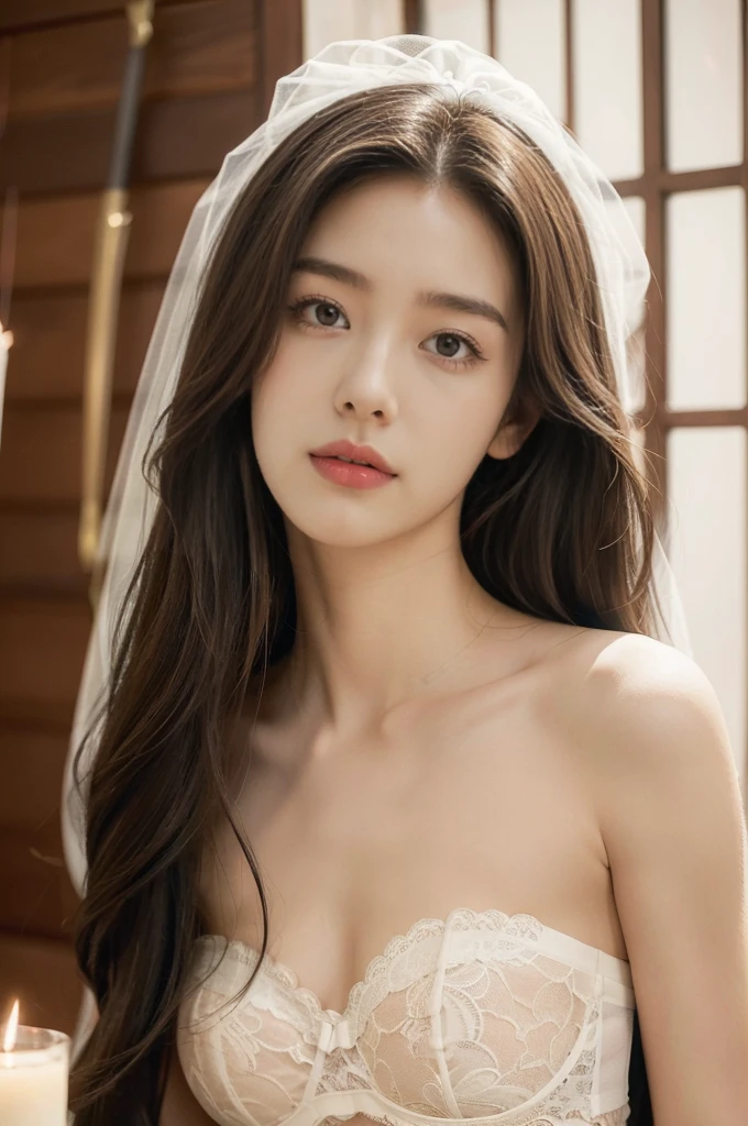 (((best quality))),(((ultra detailed))),(((masterpiece))),illustration,(1 beautiful girl,bride,solo),((slim,thin)),((small breasts,flat chest)),(shoulder length straight hair:1.2),(strapless see through white lace bra:1.3),dim pink lighting,massage parlor,patiently waiting,tool box,soft ambient lighting,refreshing contrast,sultry summer night,air conditioning,atmosphere of relaxation,serenity,delicate features,curves,elegance,sophistication,toolbox contents,assortment of implements,oils,lotions,massage tools,background music,soothing ambiance,comfortable massage bed,fresh clean sheets,calming artwork,warm friendly demeanor,sense of calm,compassion,eager anticipation,healing rejuvenating experience,((from front,close-up of face)),(night scene:1.3)