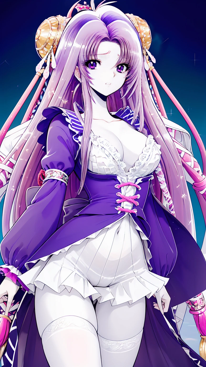 ultra-detailed、high resolution、extremely detailed CG、unity 8k wallpaper、official art、super detailed skin、perfect anatomy、cinematic lighting、beautiful detailed eyes、depth of field、ideal ratio body proportions、

anime colored、kyoto animation、(Hair is purple、White skin、Eyes are pale red)、see-through gothic ****ta outfit,