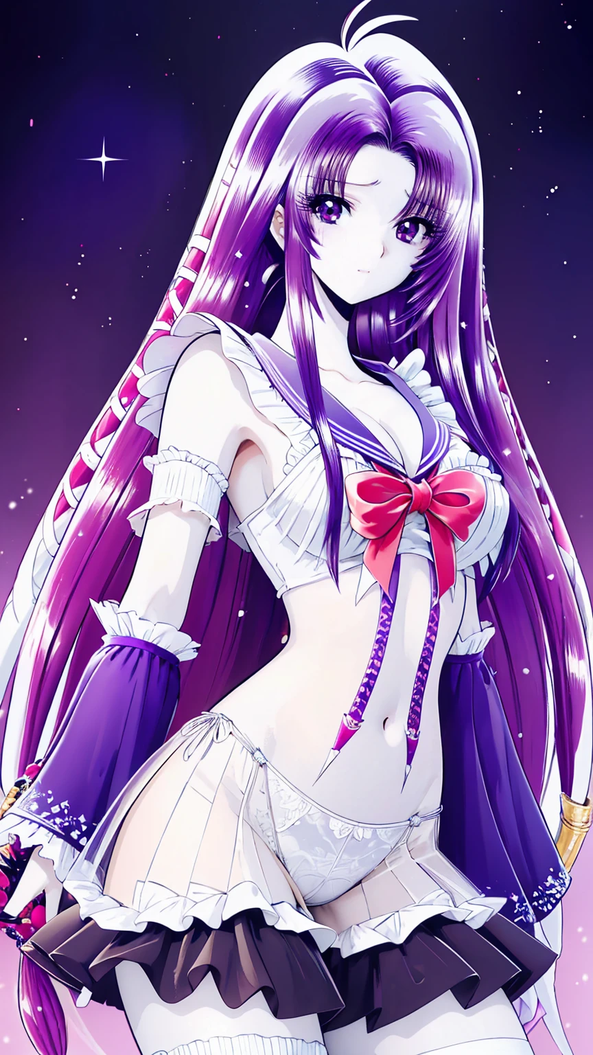 ultra-detailed、high resolution、extremely detailed CG、unity 8k wallpaper、official art、super detailed skin、perfect anatomy、cinematic lighting、beautiful detailed eyes、depth of field、ideal ratio body proportions、

anime colored、kyoto animation、(Hair is purple、White skin、Eyes are pale red)、see-through gothic lolita outfit,