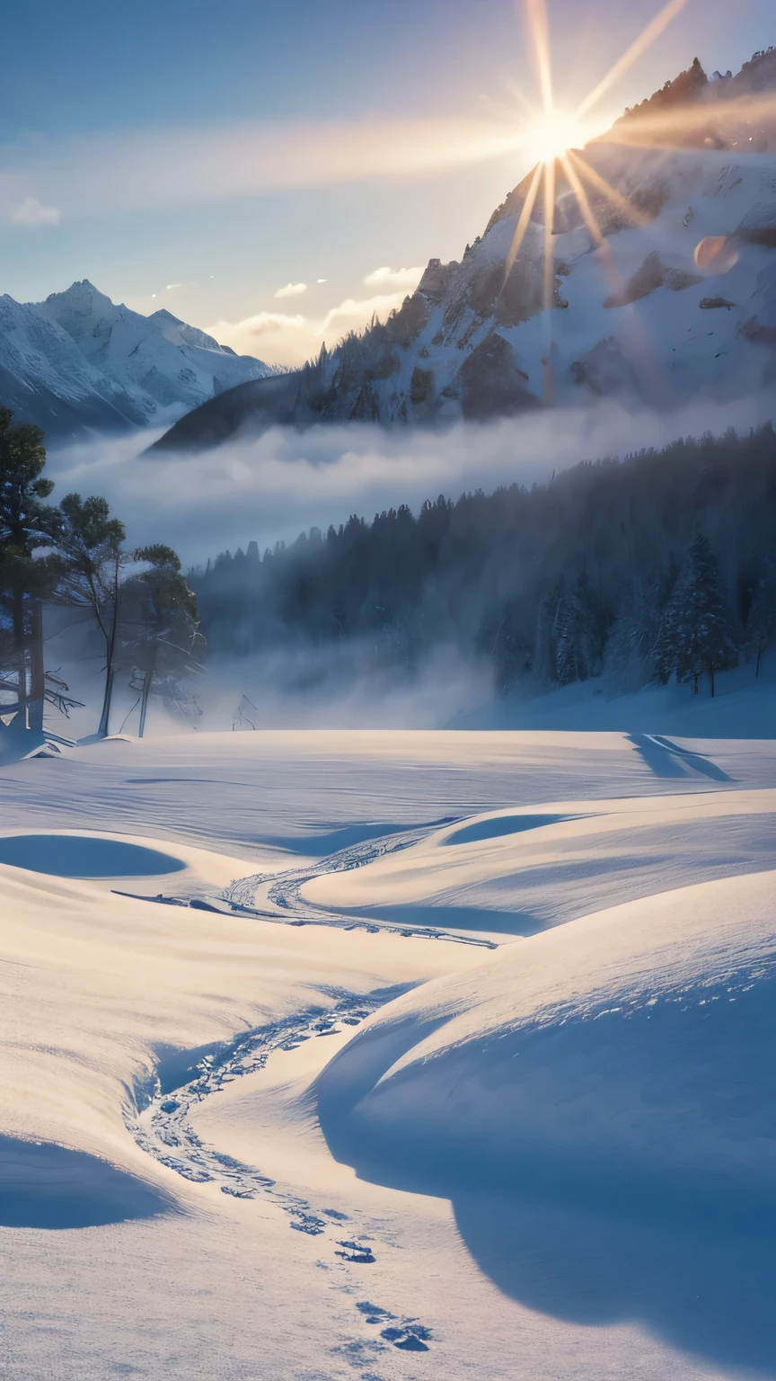 winter，Oyuki，Snow Scene，lime，Light of the sun，Light fog，Dindal effect，Ultra-fine，masterpiece，8K，Depth of written boundary，Super detailed，Detailed depiction，Ultra-photorealism，Surreal