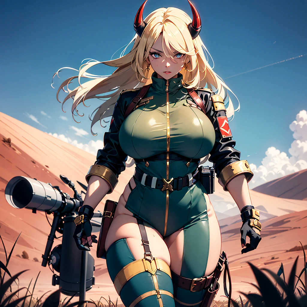 ((best quality)), ((masterpiece)), (detailed), 1girl, 8k_wallpaper, extremely detailed eyes, extremely detailed body, beautiful face, perfect face, detailed ((blonde hair)), (gold eyes), ((large big red and blue horns)), {{dark skin}}, ({dark skinned female}), gigantic breasts, thick thighs, strong arm and leg muscles, strong abdominal muscles, Monster women, Korean women, wearing a modern short black cloth jacket with rolled up sleeves, (wearing heavy gold colored steel cyberpunk armor), a wide red leather belt with blue steel yarn, steel boots, steel thigh guards, a military radio hangs on her belt, a biker girl, she rides on another planet along a lilac field against the backdrop of a blue desert and high red mountains,