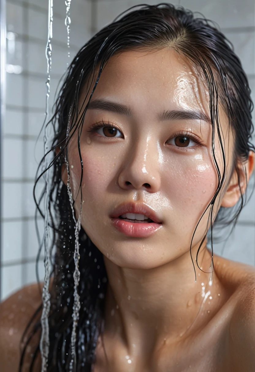 a naked asian woman taking a shower in the bathroom, beautiful detailed eyes, beautiful detailed lips, extremely detailed face and skin, long wet hair, water droplets on skin, shower curtain, steamy bathroom interior, natural lighting, photorealistic, 8k, ultra-detailed, (best quality,4k,8k,highres,masterpiece:1.2),ultra-detailed,(realistic,photorealistic,photo-realistic:1.37),HDR,UHD,studio lighting,ultra-fine painting,sharp focus,physically-based rendering,extreme detail description,professional,vivid colors,bokeh