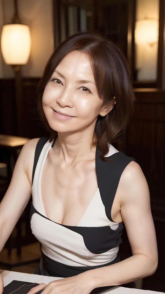60 years old, (Mature woman: 1.2), (JMA), (KE), Captivating gaze, Green eyes, (Many wrinkles on face: 1.4), Fine wrinkles (8K, High resolution, Ultra high quality, Ultra realistic, Best quality: 1.2) (Small A cup breasts: 1.1), (Old Japanese woman), Eyes visible through hair, Gray hair in bob, Good eye position, Cinematic light, Soft light, Waist, Nighttime, Detailed color gradient background, Complex, Very detailed, 8K, Full silhouette, Posing gracefully in a high-end restaurant, Smiling gently with open lips, Gentle gaze looking straight into the camera,