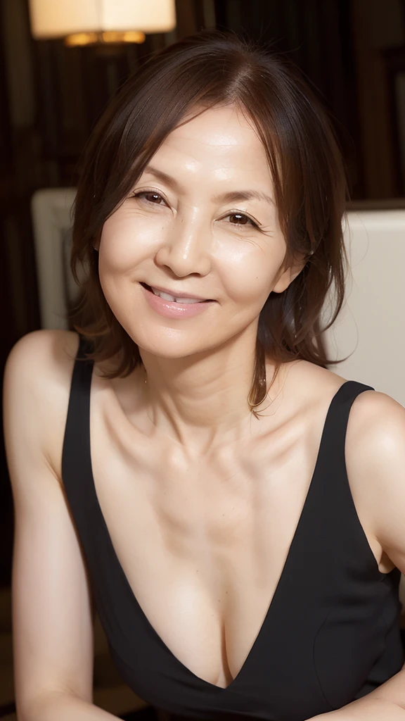 60 years old, (Mature woman: 1.2), (JMA), (KE), Captivating gaze, Green eyes, (Many wrinkles on face: 1.4), Fine wrinkles (8K, High resolution, Ultra high quality, Ultra realistic, Best quality: 1.2) (Small A cup breasts: 1.1), (Old Japanese woman), Eyes visible through hair, Gray hair in bob, Good eye position, Cinematic light, Soft light, Waist, Nighttime, Detailed color gradient background, Complex, Very detailed, 8K, Full silhouette, Posing gracefully in a high-end restaurant, Smiling gently with open lips, Gentle gaze looking straight into the camera,