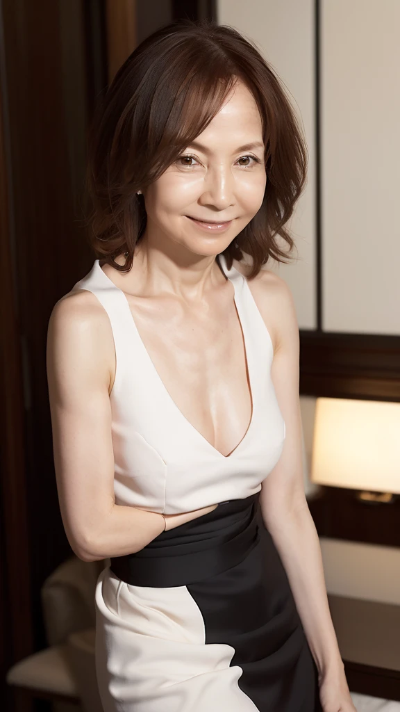 60 years old, (Mature woman: 1.2), (JMA), (KE), Captivating gaze, Green eyes, (Many wrinkles on face: 1.4), Fine wrinkles (8K, High resolution, Ultra high quality, Ultra realistic, Best quality: 1.2) (Small A cup breasts: 1.1), (Old Japanese woman), Eyes visible through hair, Gray hair in bob, Good eye position, Cinematic light, Soft light, Waist, Nighttime, Detailed color gradient background, Complex, Very detailed, 8K, Full silhouette, Posing gracefully in a high-end restaurant, Smiling gently with open lips, Gentle gaze looking straight into the camera,