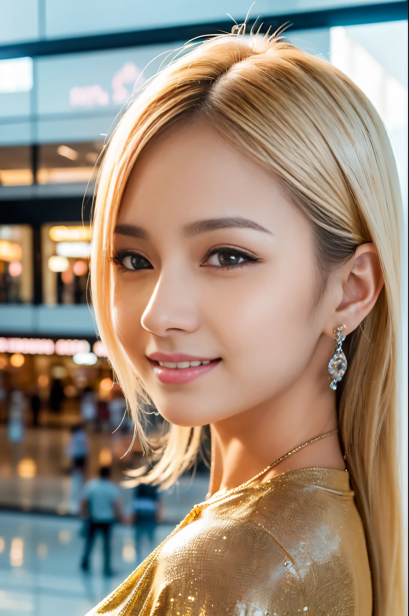 (masterpiece:1.4), (best quality:1.4), ultra high res, ultra high resolution, ((detailed facial features)), HDR, (realistic, photorealistic, photo-realistic:1.37), closeup, sexy seductive Thai woman, (seductive smile), long lashes, beautiful makeup, platinum blonde hair, fair skin, slender figure, elegant posture, wearing large sparkling colorful jewelery, wearing a business style leather dress, standing in a large shopping mall, gentle sunlight shining through the shopping mall windows, casting a soft glow on her face, adding warmth to the scene, vibrant colors, capturing the essence of vibrant city life, portrait style, showcasing her natural beauty and grace in a feminine way