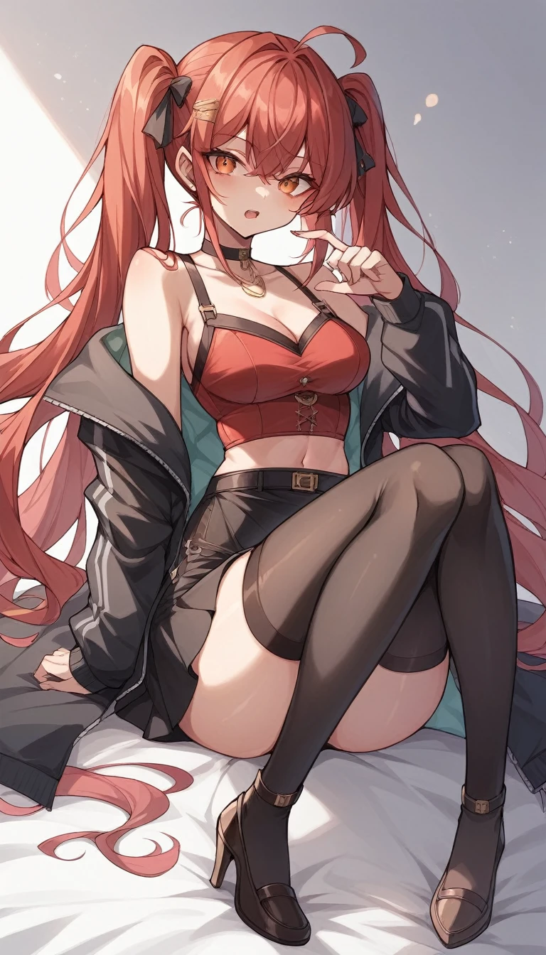The character is a slender young woman.。She has reddish hair、Some of the hair is dyed white.、She has her hair styled in long twin tails.。Wearing a black jacket。The jacket is decorated with gold、It also has shoulder straps。Her outfit is sexy、Red bustier and mini skirt、Black Stockings、She is wearing brown high heels。Also、He has a mischievous look on his face.。The background is white。