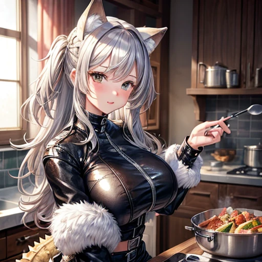 (((masterpiece))), Highest quality, Very detailed, blush, Cute and playful, Huge, leather jacket, Silver Hair, Fluffy Hairstyles, Elastic breasts, Heartwarming Eyes, Sweet expression, belly button, Dynamic and cute pose.Cooking crocodile dishes Wolf Ears desert
