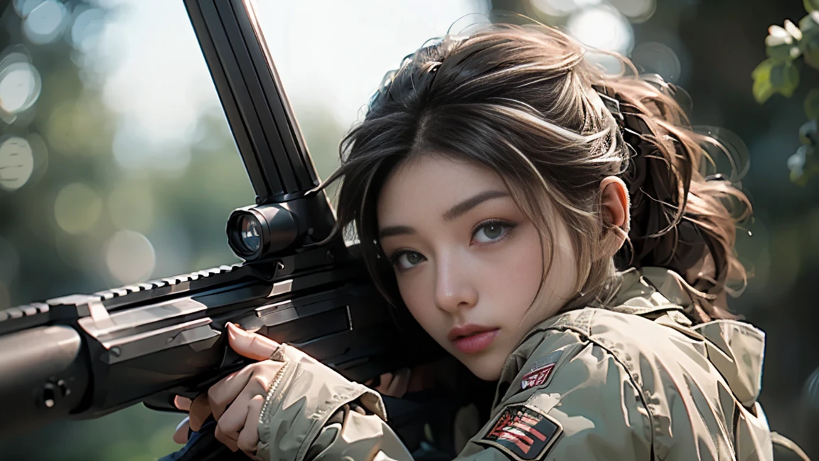 masterpiece, highest quality, Highest image quality, High resolution, photo realistic, Raw photo,( sniper shooting sniper rifle, sniper rifle in shooting, face close to sniper rifle, concentration in shooting, bullets in air, fire track in air)