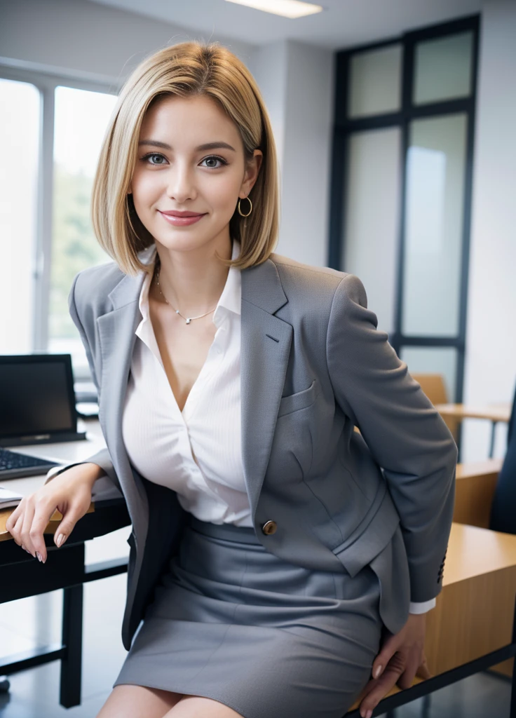 24year old beautiful girl、Beauty、Japanese、cute、beautiful girl、slim、Highest quality、Realistic、16K、panoramic、((Best Quality, 8k, Masterpiece: 1.3)), 1 girl, full body, slim face, beautiful woman, Woman walking down an office corridor, White wall, Grey table, plant, Sexy pose, Blur the background, concentrate,
(((masterpiece))), ((Highest quality)), ((Exquisitely crafted)), ((surreal)), An absurd solution, Mature Woman, Mature Woman, perspective, Very detailed, shape, One Girl, ((Larger breasts)), Perfect hands, Detailed fingers, Beautiful attention to detail, short hair, blondes, blue eyes, name tag, chief executive officer（chief executive officer（CEO））, (business suit:1.2), Open blazer, shirt, Tight Skirt,, Earrings, Detailed Background, Bedroom, Perfect Eyes, 、Sitting in a chair、Smile a little