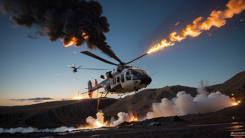 DRAW A PICTURE OF A HELICOPTER ATTACK THAT Flies INTO AN OIL MINE UNTIL IT EXPLODES HUGE