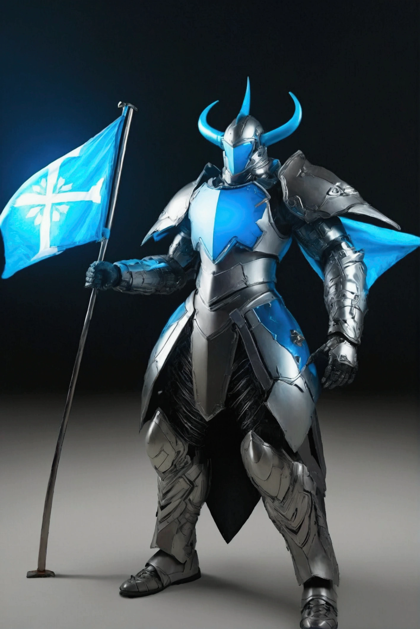 black background with aggressive blue lights, man with cyber punk style templar armor, tearing a flag technological ice style a lot of ice ice