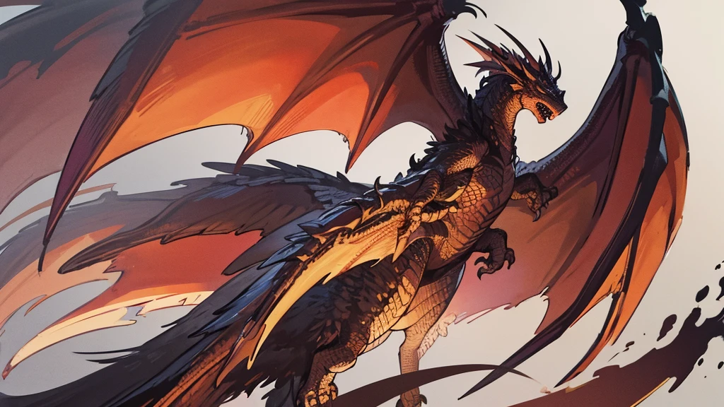 extremely detailed dragon with wings spread, ink drawing style
