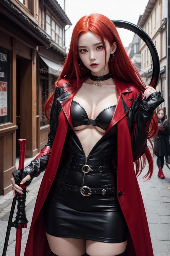 Woman with blood red hair, hypdertailed, black and white short outfit, holding black and red scythe, Eyes red, fancy, Genshin impact, breasts big, medieval street scene with modern features