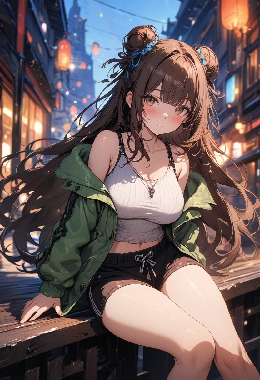 (masterpiece), best quality, very aesthetic, newest, absurdres, detailed, high quality
BREAK
highest quality, top quality, details, highres, ultra fine painting, digital art, official art, cinematic, 4k, 8k resolution, 8K CG wallpaper, CG, original artwork, detailed background, colorful background, blue atmosphere, High Dynamic Range, blurry background, blue hour, Starburst effects, crepuscular rays, good ISO, high resolution, wide shot, from far away, RAW photo, POV, sharp focus, light reflection, reflections, intricate details, soft light, particle noise, professional photography, bokeh, depth of field, natural lighting, vibrant colors, looking away, detailed lights and shadows, stylish, ultra-detailed, top rated on Pixiv, trending on Artstation, niji style, modern-days, master crafted, pose
BREAK
solo, (close up), 1girl, pale skin, correct fingers, detailed hand, (big breasts:1.2), big thighs, small torso, short body, flushtered, blush, anxious expression, embarassed, embarassed act, casual, slim, ((cute, childlike face):1.3), nice body, nice hips, brown hair, (very long flowing hair, 2 buns hairstyle), long bangs, long hair, middle hair bangs, brown eyes
BREAK
((black straps tank top), loose-fitting black string sweatshorts, off shoulders open green hoodie, modest)
BREAK
Indoors background