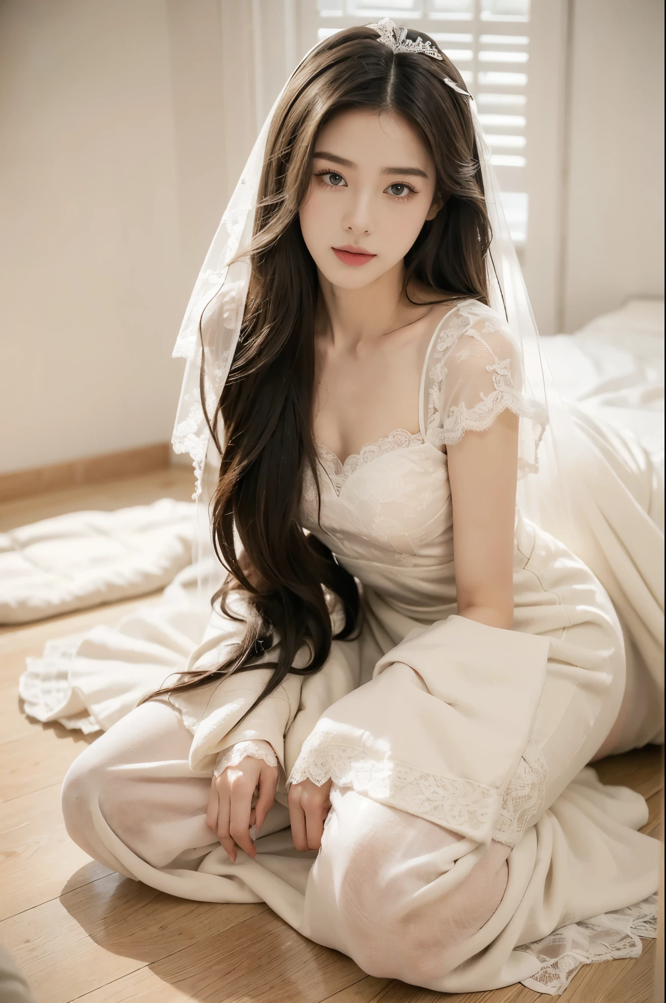 (((best quality))),(((ultra detailed))),(((masterpiece))),illustration,(1 beautiful girl,bride,solo),((slim,thin)),((small breasts,flat chest)),(shoulder length straight hair:1.2),(see through white lace wedding dress:1.3),dim pink lighting,massage parlor,patiently waiting,tool box,soft ambient lighting,refreshing contrast,sultry summer night,air conditioning,atmosphere of relaxation,serenity,delicate features,curves,elegance,sophistication,toolbox contents,assortment of implements,oils,lotions,massage tools,background music,soothing ambiance,comfortable massage bed,fresh clean sheets,calming artwork,warm friendly demeanor,sense of calm,compassion,eager anticipation,healing rejuvenating experience,((kneeling on the floor)),((from front,upper body))