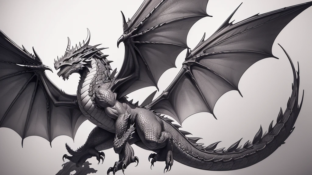 extremely detailed dragon with wings spread, ink drawing style