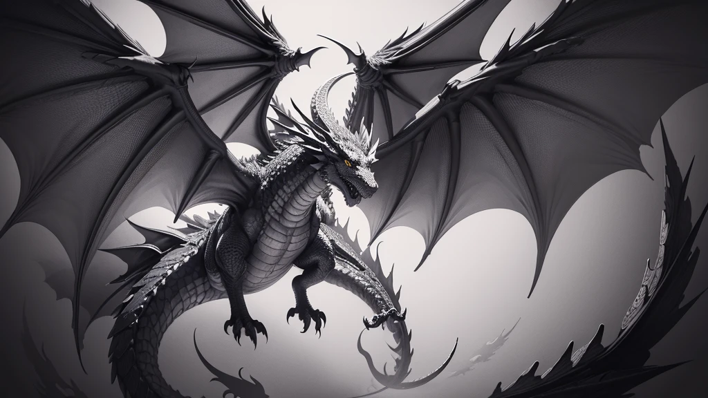 extremely detailed dragon with wings spread, ink drawing style