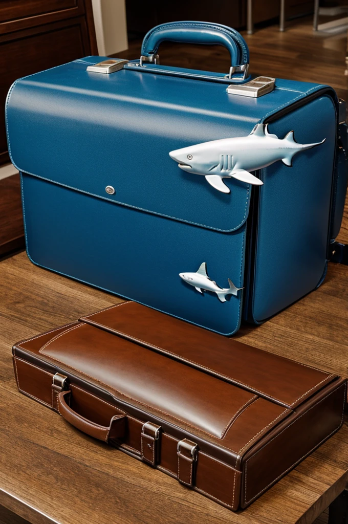 A briefcase with a shark bite on the side in blue