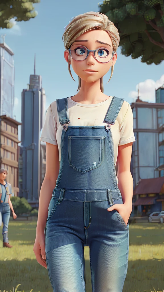 1 (wearing jeans overalls:1.3), lying down on the grass, Overhead Camera, Sharp focus, handsome, thin,professional lighting,city,expressive eyes,tall body,mature woman,hair accessories,Instagram with the most views,Official wallpapers, official art,(kpop idols), Half blindfolded.,building,((The art of realistic painting by Midjourney and Gregor Rutkowski)),((Model)),